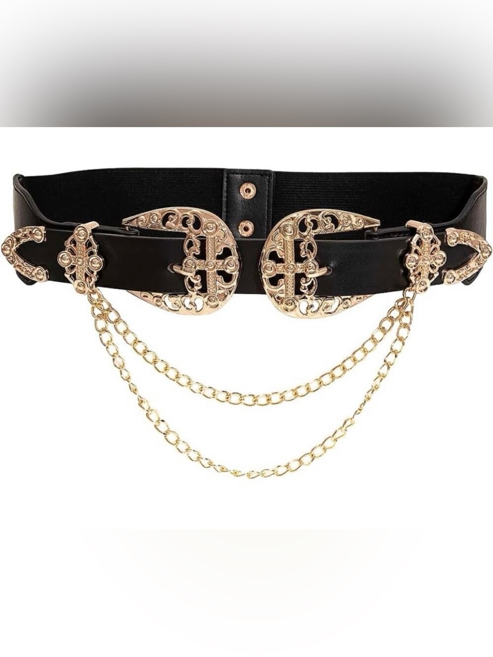 NEW Pebby Forevee Black Leather Belt with Gold Double Buckle & Chains OS Western